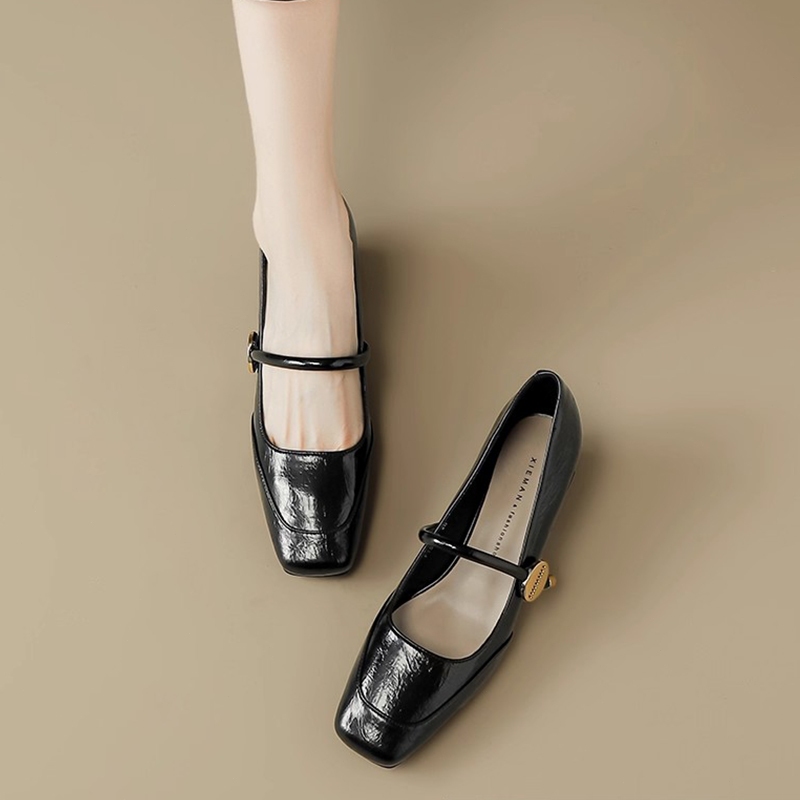 [PY] Giày cao gót nữ Mary Jane sandal quai mũi vuông gót bản 5cm thoải mái đi làm cả ngày da PU chính hãng