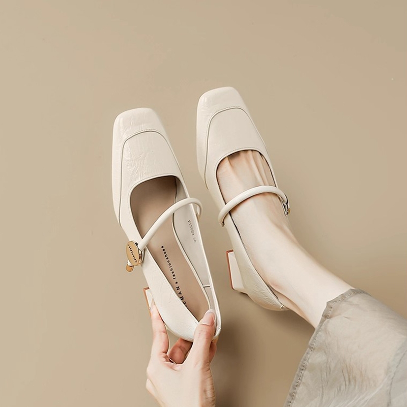 [PY] Giày cao gót nữ Mary Jane sandal quai mũi vuông gót bản 5cm thoải mái đi làm cả ngày da PU chính hãng