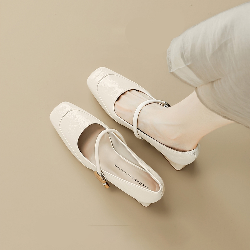 [PY] Giày cao gót nữ Mary Jane sandal quai mũi vuông gót bản 5cm thoải mái đi làm cả ngày da PU chính hãng