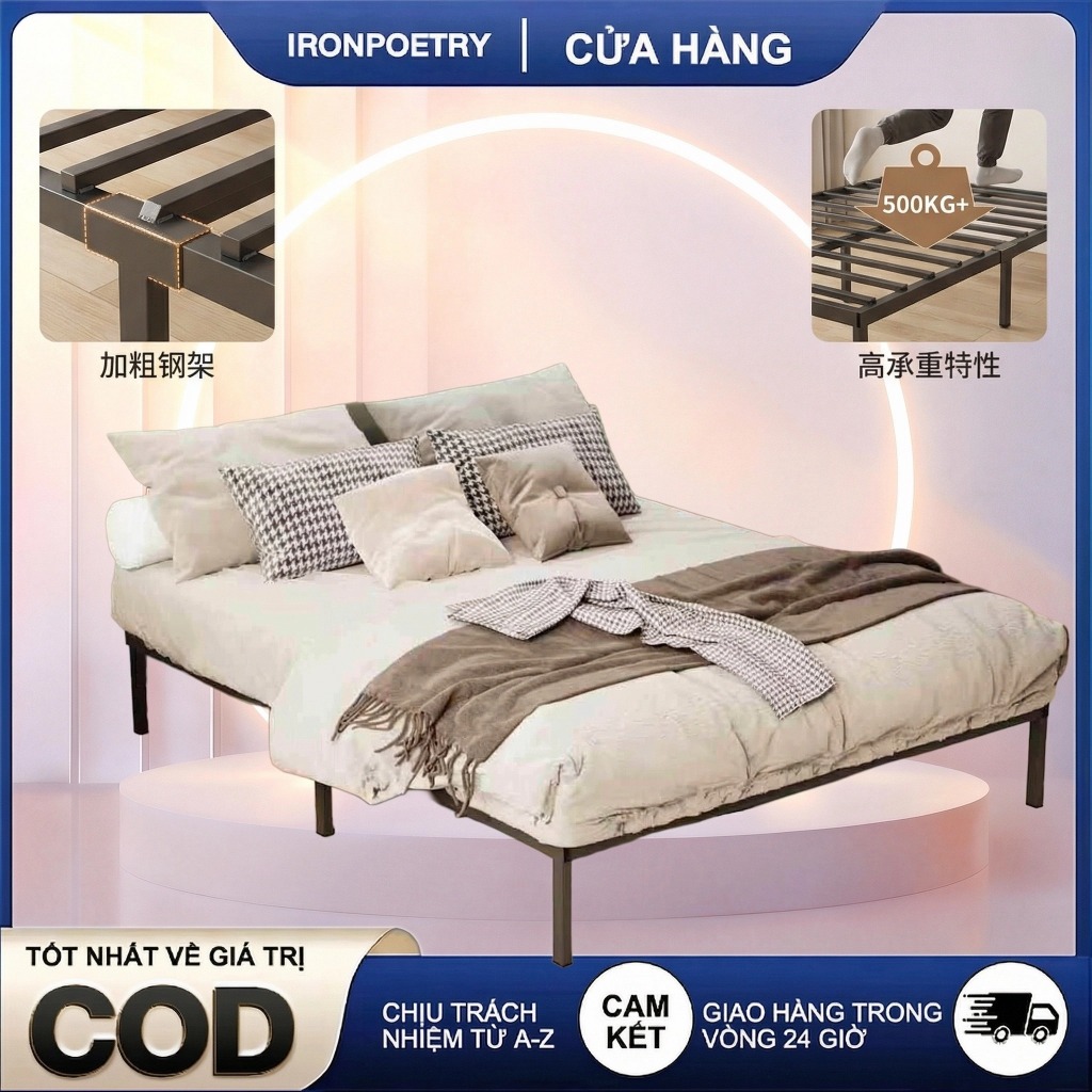 IRONPO Khung Giường Sắt Giá Tốt Thép Dày Chống Rung Giảm Chấn Hiệu Quả Tối Ưu Phòng Trọ COD