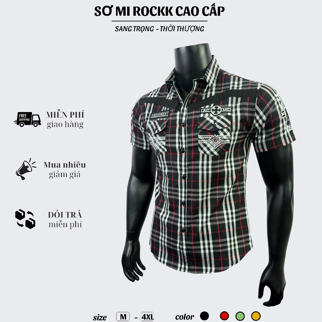 Áo Sơ Mi Nam Tay Ngắn Họa Tiết Caro Thêu Thời Thượng Chất Lụa Cotton Thoáng Mát Form Tôn Dáng 2315