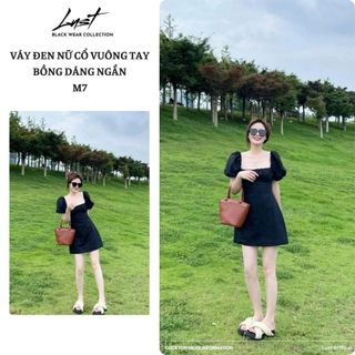 Váy Đen Nữ Cổ Vuông Tay Bồng Dáng Ngắn LUST Đầm Thiết Kế Thanh Lịch Sang Trong M7