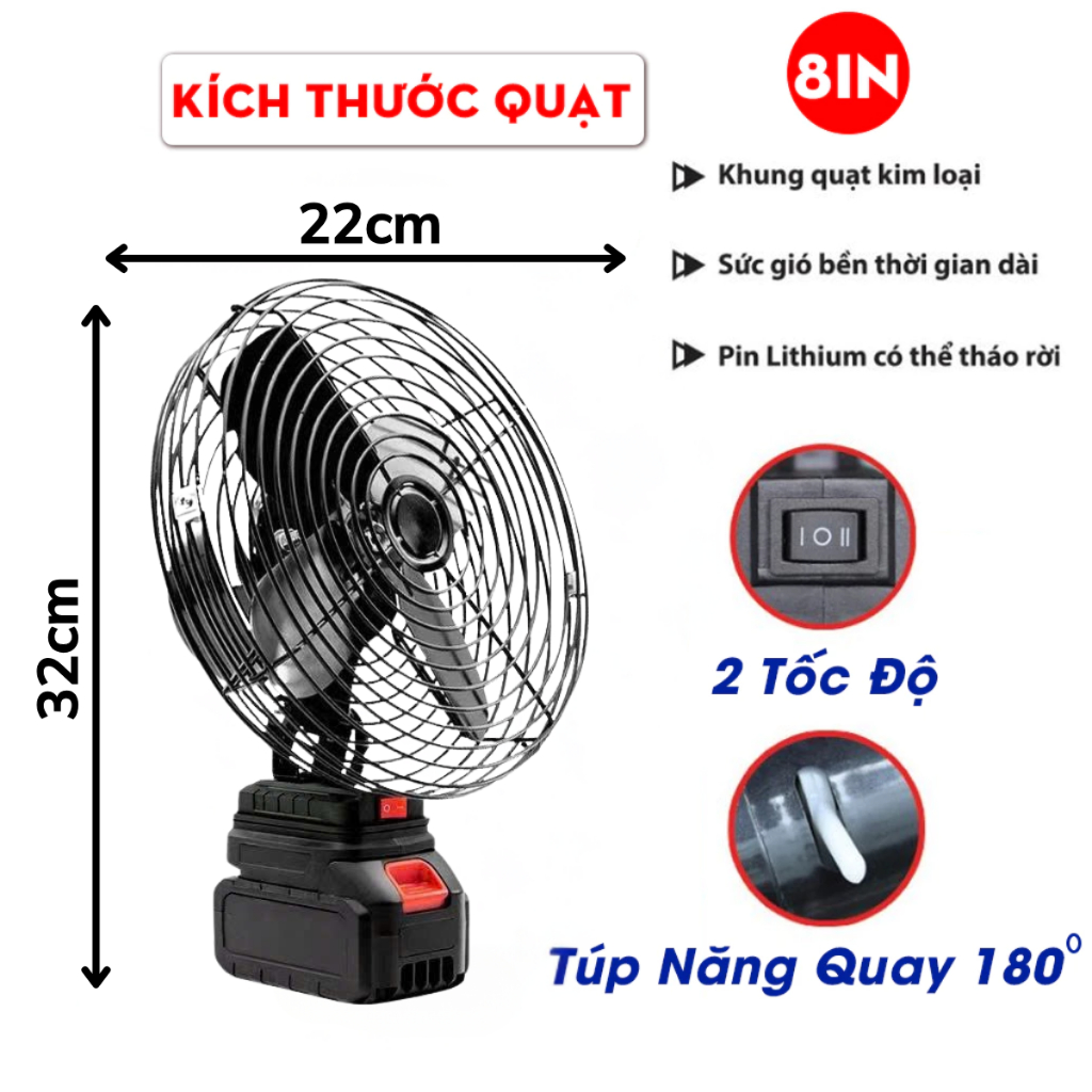 Quạt tích điện lồng sắt công suất lớn, quạt sạc tích điện sử dụng chân pin, hoạt động liên tục 4-6h