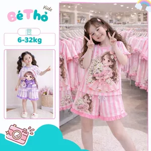 Bộ quần áo bé gái màu hồng cô gái dễ thương xinh xắn SZ 18 - 43 KG chất mát
