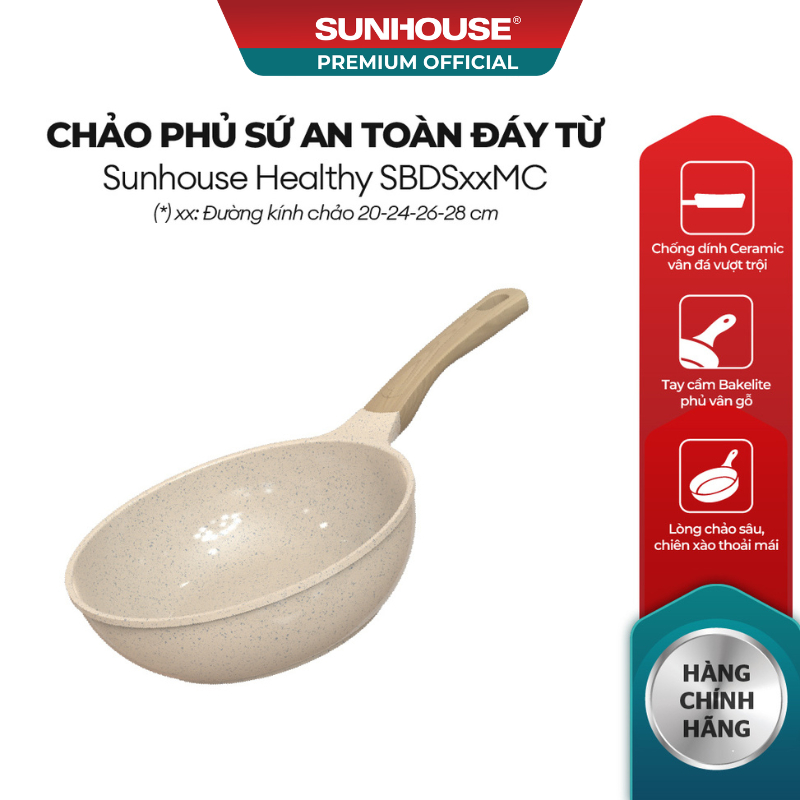 Chảo phủ sứ an toàn đáy từ Sunhouse Healthy SBDS20-24-26-28MC - Chống dính Ceramic - Dùng mọi loại bếp