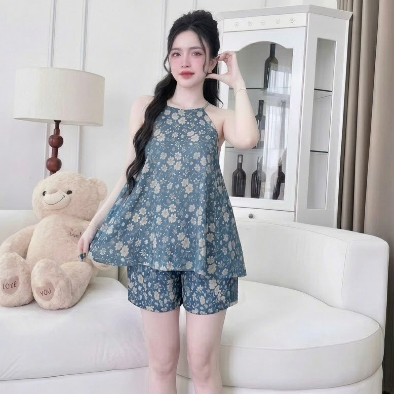 Bộ Lụa Yếm  Cao Cấp Nhà  Xavia Chất Lụa Latin Siêu Mềm Mát Không Nhăn Áo Quần Cộc Y1