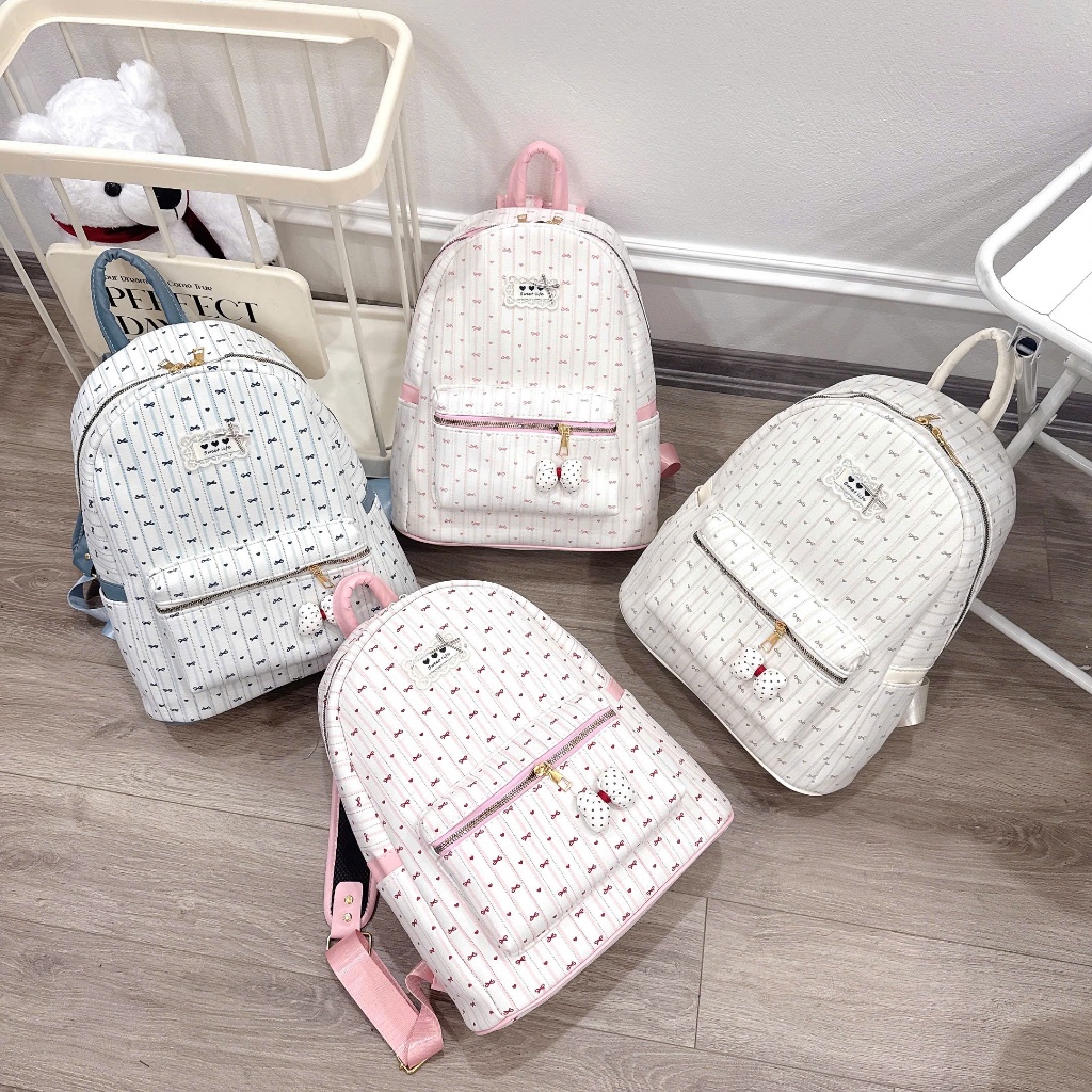 Balo nữ đi học họa tiết nơ dễ thương balo mini phong cách Hàn Quốc chất da PU chống nước form xinh kèm charm nơ - BL022