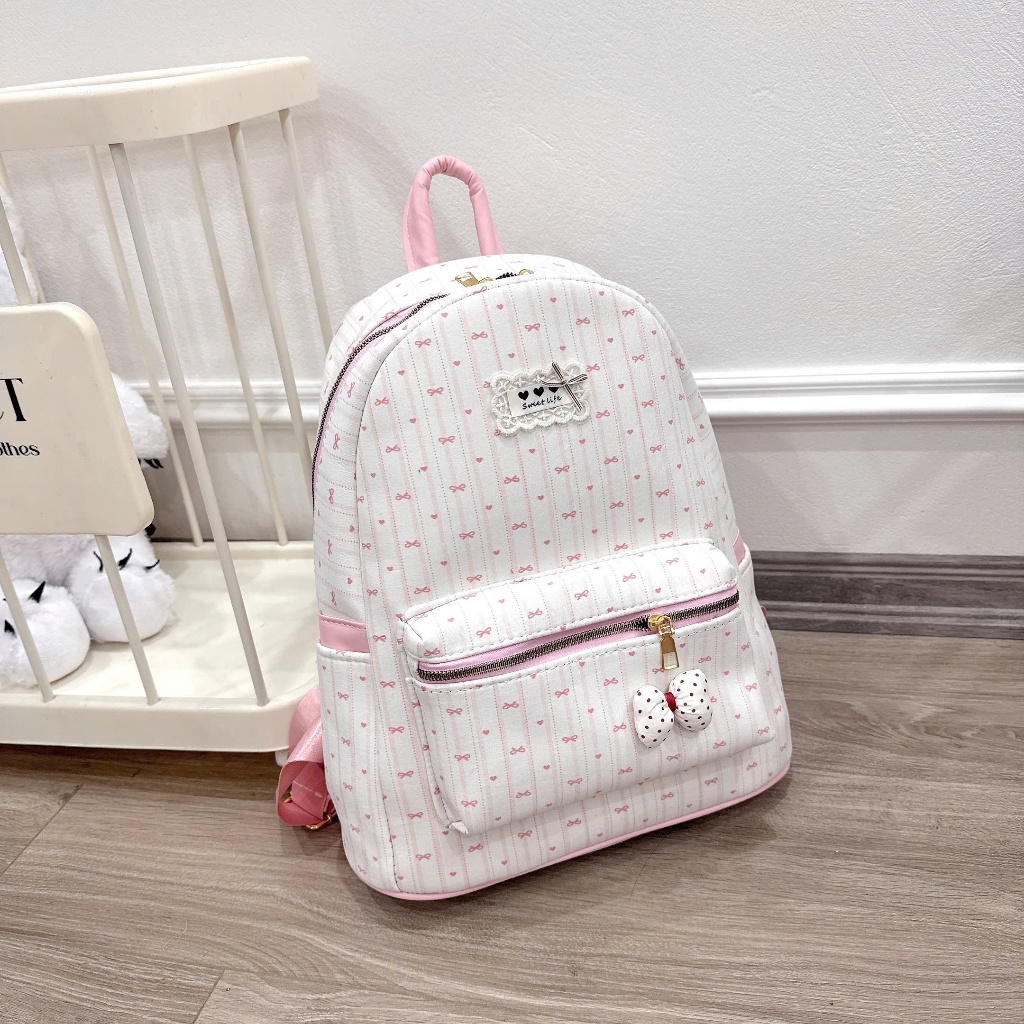 Balo nữ vải szie 40 họa tiết nơ dễ thương phong cách Hàn Quốc balo đi học cute kèm charm - BL022