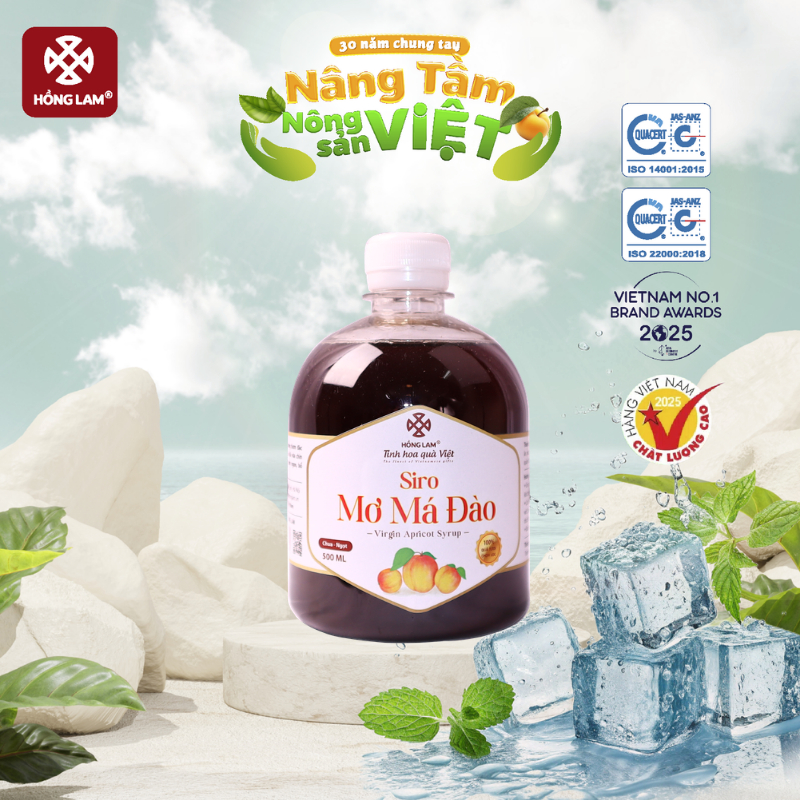Siro mơ má đào Hồng Lam chai (500ml và 1000ml). Có vị chua, ngọt