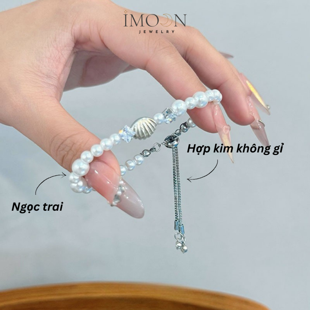 Lắc tay nữ charm vỏ sò khảm đá dạng chuỗi ngọc trai cao cấp Imoon Jewelry