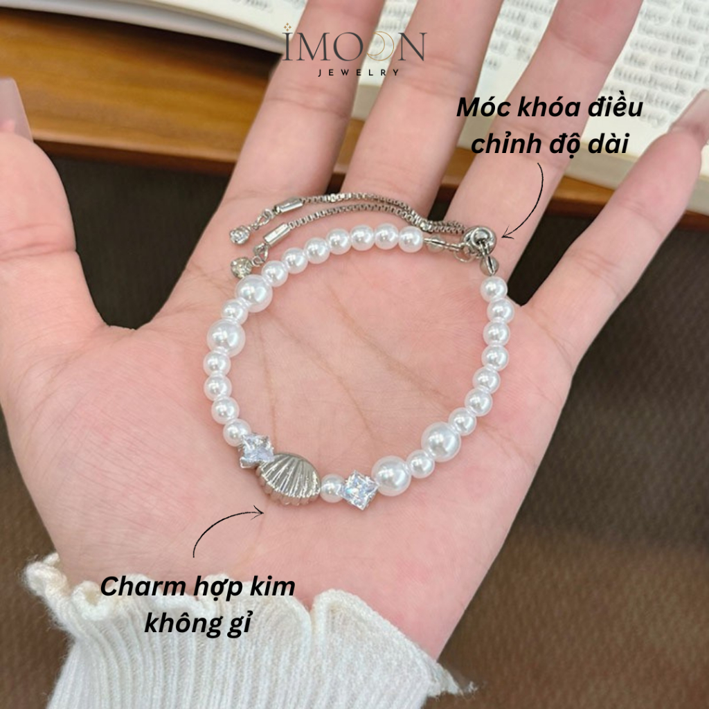 Lắc tay nữ charm vỏ sò khảm đá dạng chuỗi ngọc trai cao cấp Imoon Jewelry