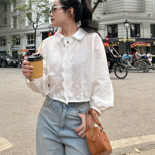 Áo Sơ Mi Tay Bồng Croptop Viền Bèo Phong Cách Vintage Nữ Tính JOOLATE 100 P7K3