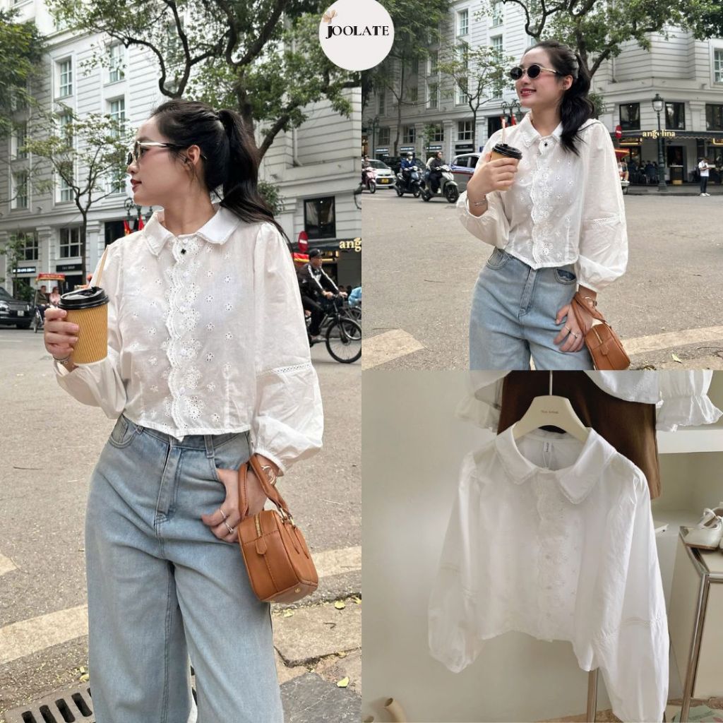 Áo Sơ Mi Tay Bồng Croptop Viền Bèo Phong Cách Vintage Nữ Tính JOOLATE 100 P7K3