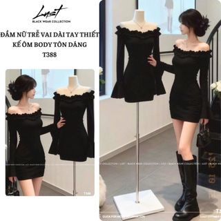 Đầm nữ trễ vai dài tay thiết kế ôm body tôn dáng LUST Váy nữ đen lệch vai dáng ngắn sang chảnh T388
