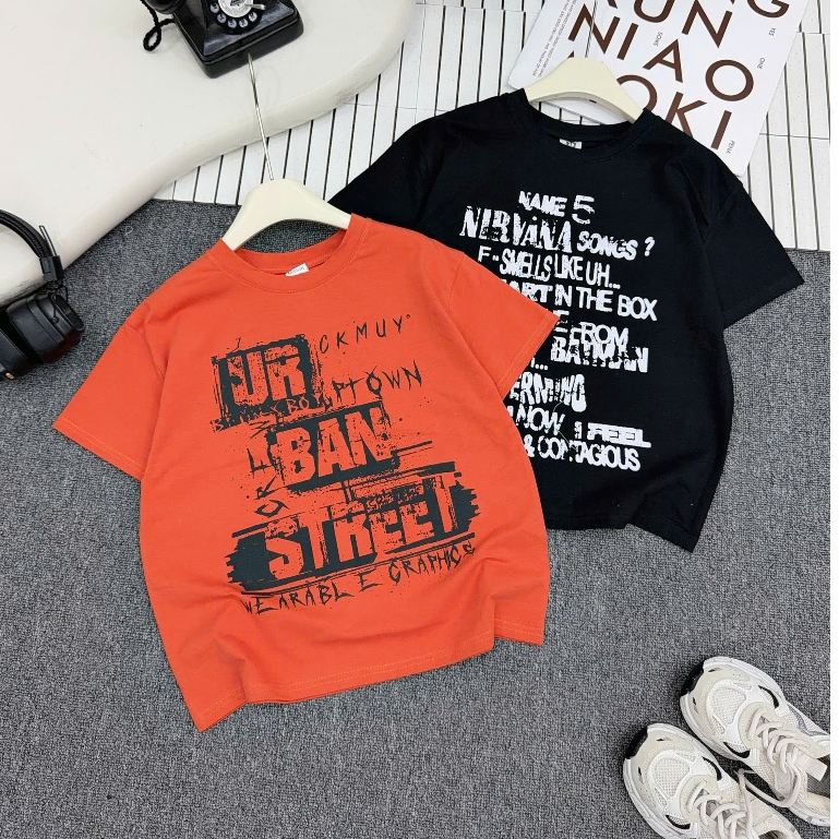 Áo Phông cho bé trai, Họa tiết Chữ Cá tính (STREET) Chất Cotton Mềm Mịn Mát, thấm hút tốt, 3 màu, size từ 17-60kg