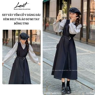 Set váy yếm cổ V dáng dài kèm belt và áo sơ mi tay bồng  LUST chất liệu dày dặn T780