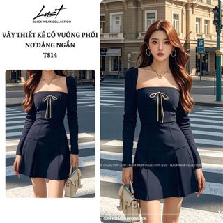 Váy thiết kế cổ vuông phối nơ dáng ngắn LUST chất liệu dày dặn thiết kế đẹp T814