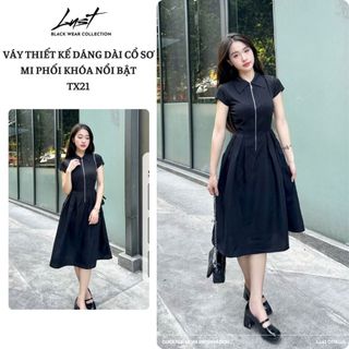 Váy thiết kế dáng dài cổ sơ mi phối khóa giữa LUST chất liệu dày dặn TX21
