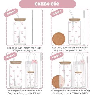 Cốc Thuỷ Tinh Hình Nơ Nhí 500ml, Ly Thuỷ Tinh Cute Chịu Nhiệt Kèm Phụ Kiện, Quà Tặng Sinh Nhật