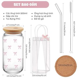 Cốc Thuỷ Tinh Hình Nơ Nhí 500ml, Ly Thuỷ Tinh Cute Chịu Nhiệt Kèm Phụ Kiện, Quà Tặng Sinh Nhật