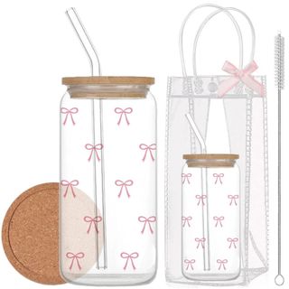 Cốc Thuỷ Tinh Hình Nơ Nhí 500ml, Ly Thuỷ Tinh Cute Chịu Nhiệt Kèm Phụ Kiện, Quà Tặng Sinh Nhật