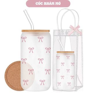 Cốc Thuỷ Tinh Hình Nơ Nhí 500ml, Ly Thuỷ Tinh Cute Chịu Nhiệt Kèm Phụ Kiện, Quà Tặng Sinh Nhật