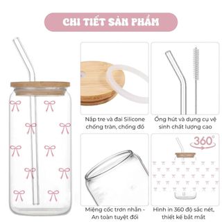 Cốc Thuỷ Tinh Hình Nơ Nhí 500ml, Ly Thuỷ Tinh Cute Chịu Nhiệt Kèm Phụ Kiện, Quà Tặng Sinh Nhật