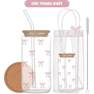 Cốc Thuỷ Tinh Hình Nơ Nhí 500ml, Ly Thuỷ Tinh Cute Chịu Nhiệt Kèm Phụ Kiện, Quà Tặng Sinh Nhật
