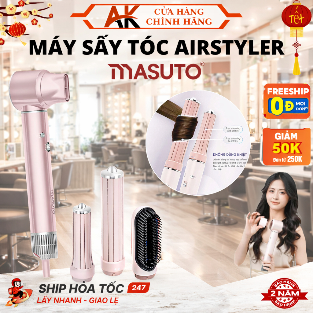 Máy Sấy Tóc Tạo Kiểu Chính Hãng 5in1 AirStyler Masuto Với Công Nghệ Ion Âm Bảo Vệ Tóc, BH 24 Tháng