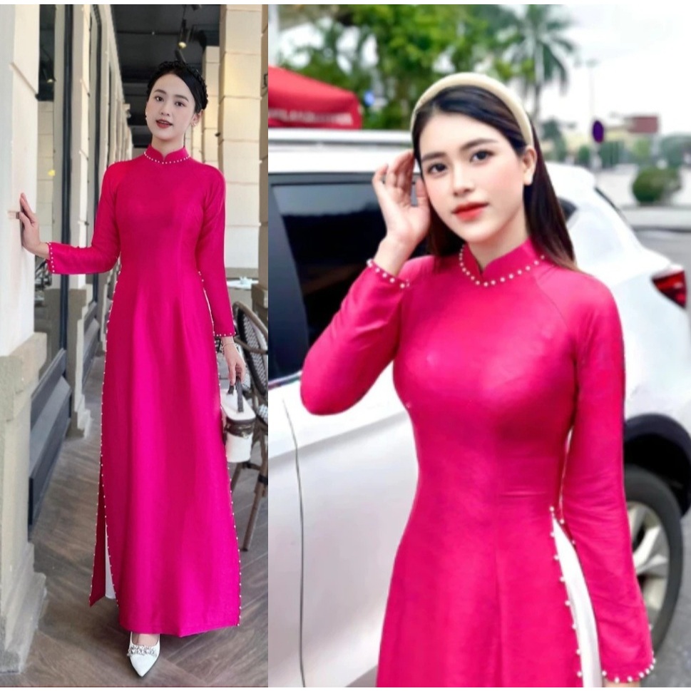 Áo dài truyền thống cổ cao lụa vân gỗ đính ngọc cổ tay tà ôm tôn dáng mặc lễ tết bưng quả chụp hình đồng phục T1609G