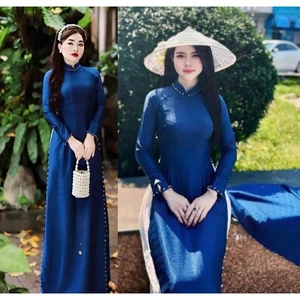 Áo dài truyền thống cổ cao lụa vân gỗ đính ngọc cổ tay tà ôm tôn dáng mặc lễ tết bưng quả chụp hình đồng phục T1609G