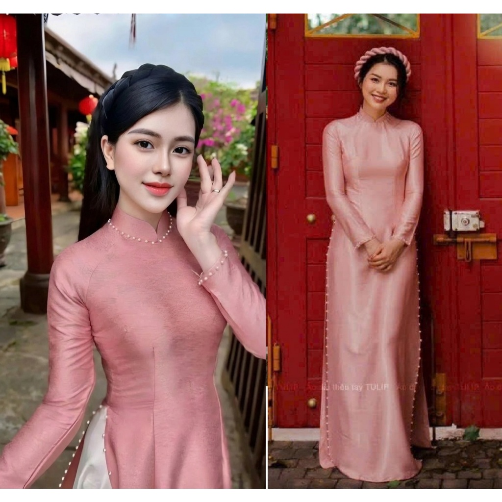 Áo dài truyền thống cổ cao lụa vân gỗ đính ngọc cổ tay tà ôm tôn dáng mặc lễ tết bưng quả chụp hình đồng phục T1609G