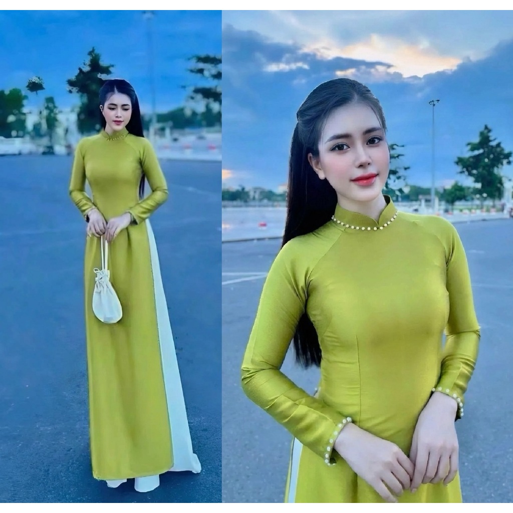 Áo dài truyền thống cổ cao lụa vân gỗ đính ngọc cổ tay tà ôm tôn dáng mặc lễ tết bưng quả chụp hình đồng phục T1609G