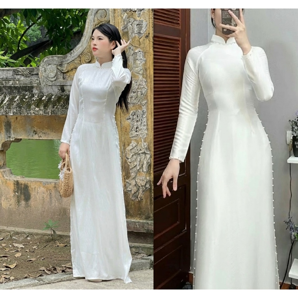 Áo dài truyền thống cổ cao lụa vân gỗ đính ngọc cổ tay tà ôm tôn dáng mặc lễ tết bưng quả chụp hình đồng phục T1609G