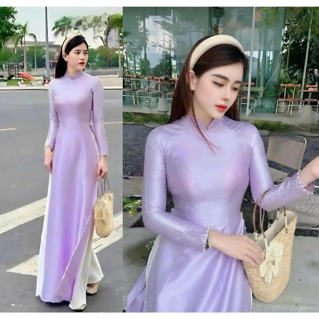 Áo dài truyền thống cổ cao lụa vân gỗ đính ngọc cổ tay tà ôm tôn dáng mặc lễ tết bưng quả chụp hình đồng phục T1609G