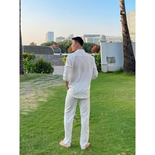 Set Bộ Đồ Nam Áo Sơ Mi Phối Quần Dài Chất Đũi Thoáng Mát Thời Trang Đi Biển
