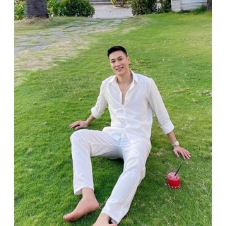 Set Bộ Đồ Nam Áo Sơ Mi Phối Quần Dài Chất Đũi Thoáng Mát Thời Trang Đi Biển