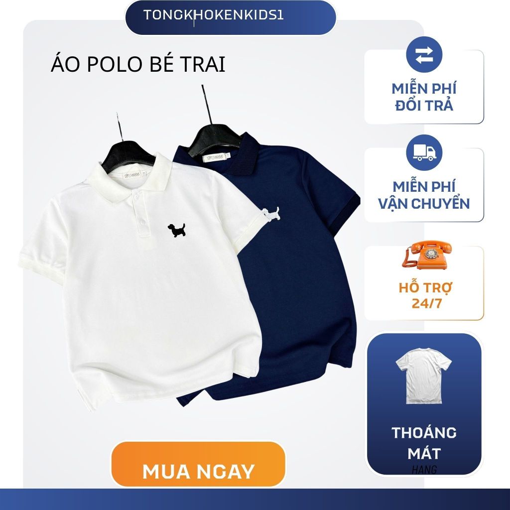 Áo Polo cộc tay cho bé trai, chất cotton cá sấu thêu hình CÚN YÊU, size từ 20-65kg
