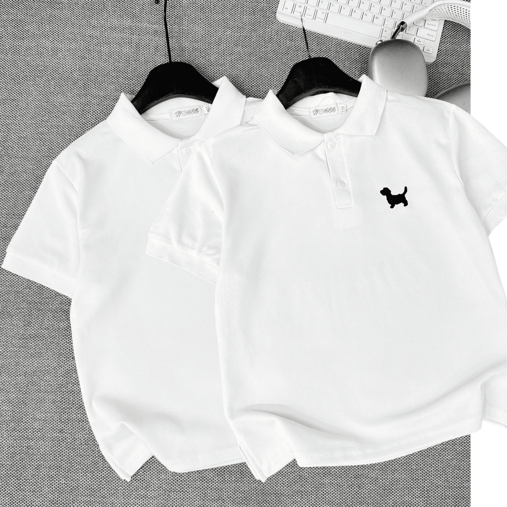 Áo Polo cộc tay cho bé trai, chất cotton cá sấu thêu hình CÚN YÊU, size từ 20-65kg