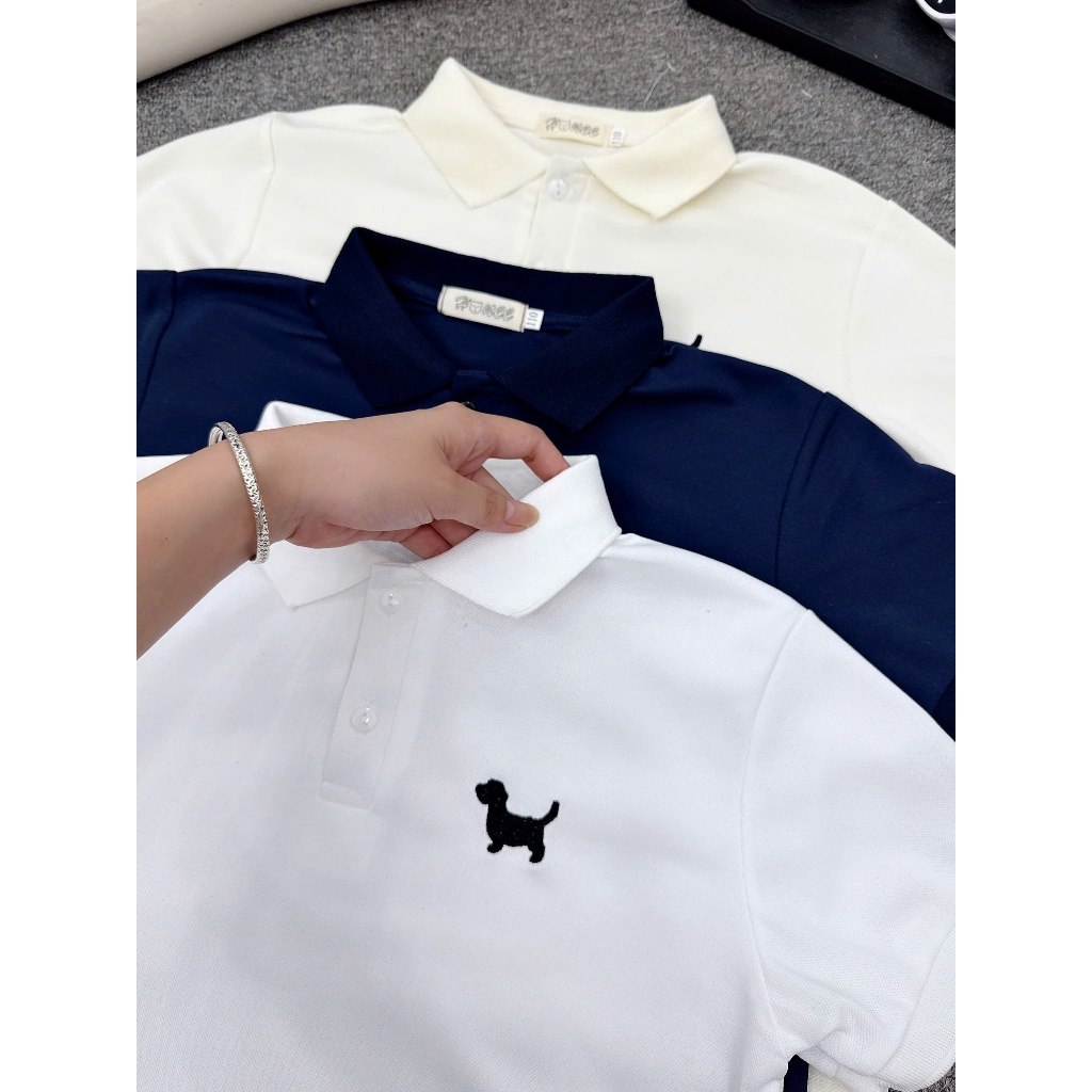 Áo Polo cộc tay cho bé trai, chất cotton cá sấu thêu hình CÚN YÊU, size từ 20-65kg