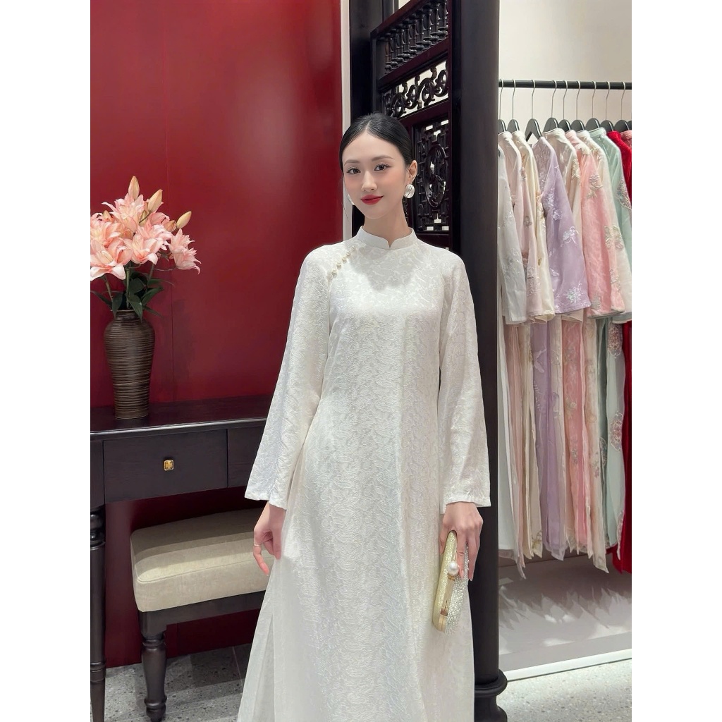 Áo dài suông trắng đính hoa chất lụa gấm Áo tân thời cách tân trẻ trung cao cổ dài tay mặc lễ tết đi chùa T1600G