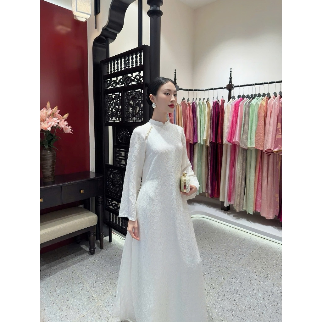 Áo dài suông trắng đính hoa chất lụa gấm Áo tân thời cách tân trẻ trung cao cổ dài tay mặc lễ tết đi chùa T1600G