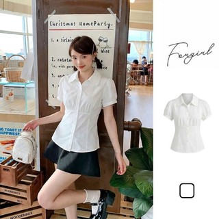 Áo sơ mi nữ tay ngắn chiết eo ForgirlStudio sơ mi phối cổ viền ren tay bồng nhẹ T131