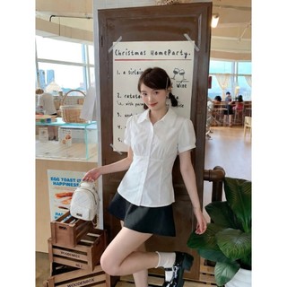 Áo sơ mi nữ tay ngắn chiết eo ForgirlStudio sơ mi phối cổ viền ren tay bồng nhẹ T131