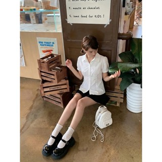 Áo sơ mi nữ tay ngắn chiết eo ForgirlStudio sơ mi phối cổ viền ren tay bồng nhẹ T131