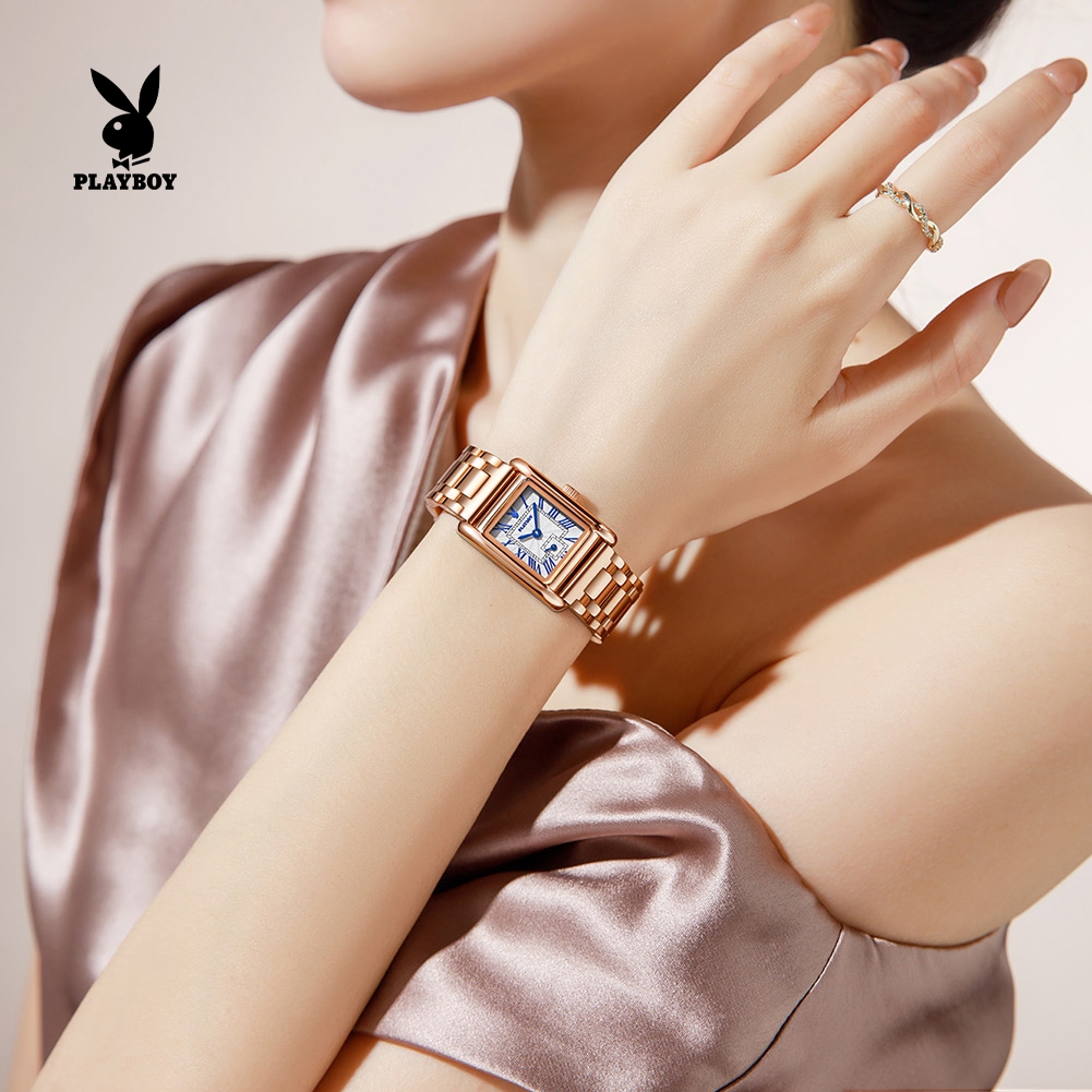 PLAYBOY Đồng hồ nữ Thạch anh Dây đeo thép không gỉ Mặt vuông tinh tế Chống nước Bộ quà tặng 3126