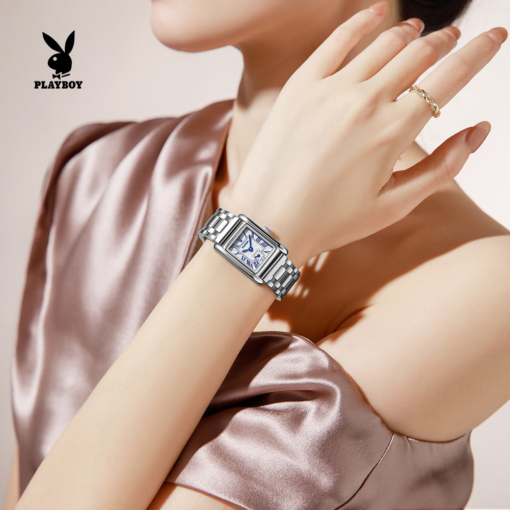 PLAYBOY Đồng hồ nữ Thạch anh Dây đeo thép không gỉ Mặt vuông tinh tế Chống nước Bộ quà tặng 3126
