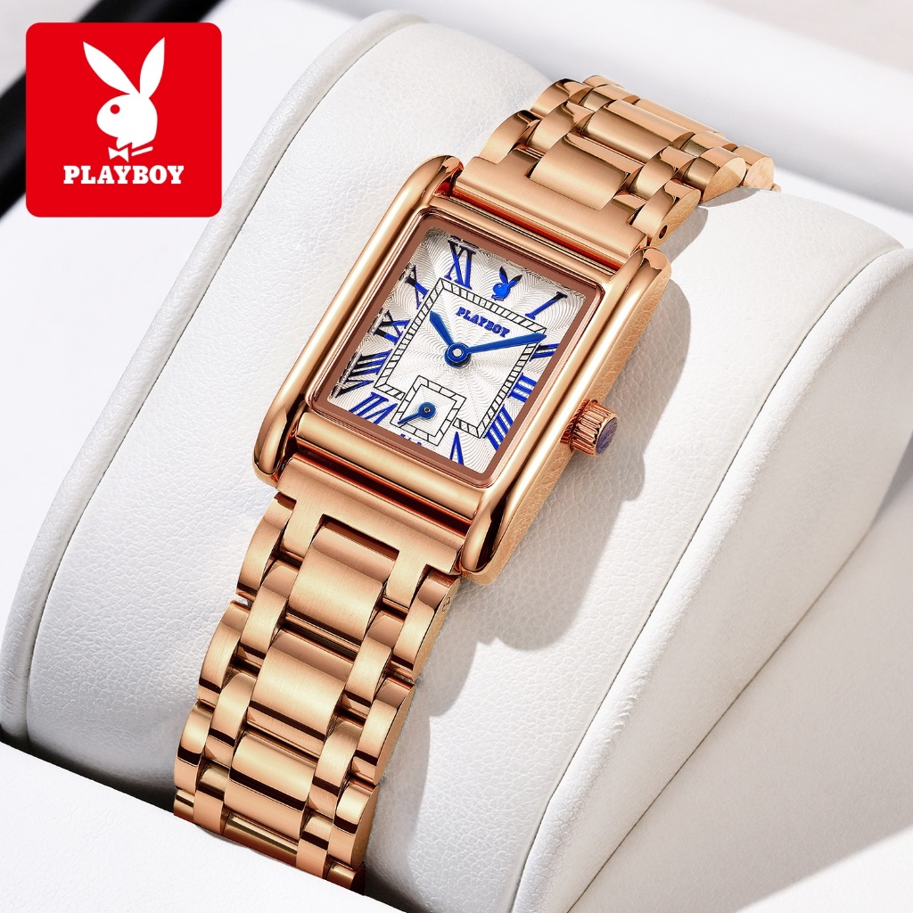 PLAYBOY Đồng hồ nữ Thạch anh Dây đeo thép không gỉ Mặt vuông tinh tế Chống nước Bộ quà tặng 3126