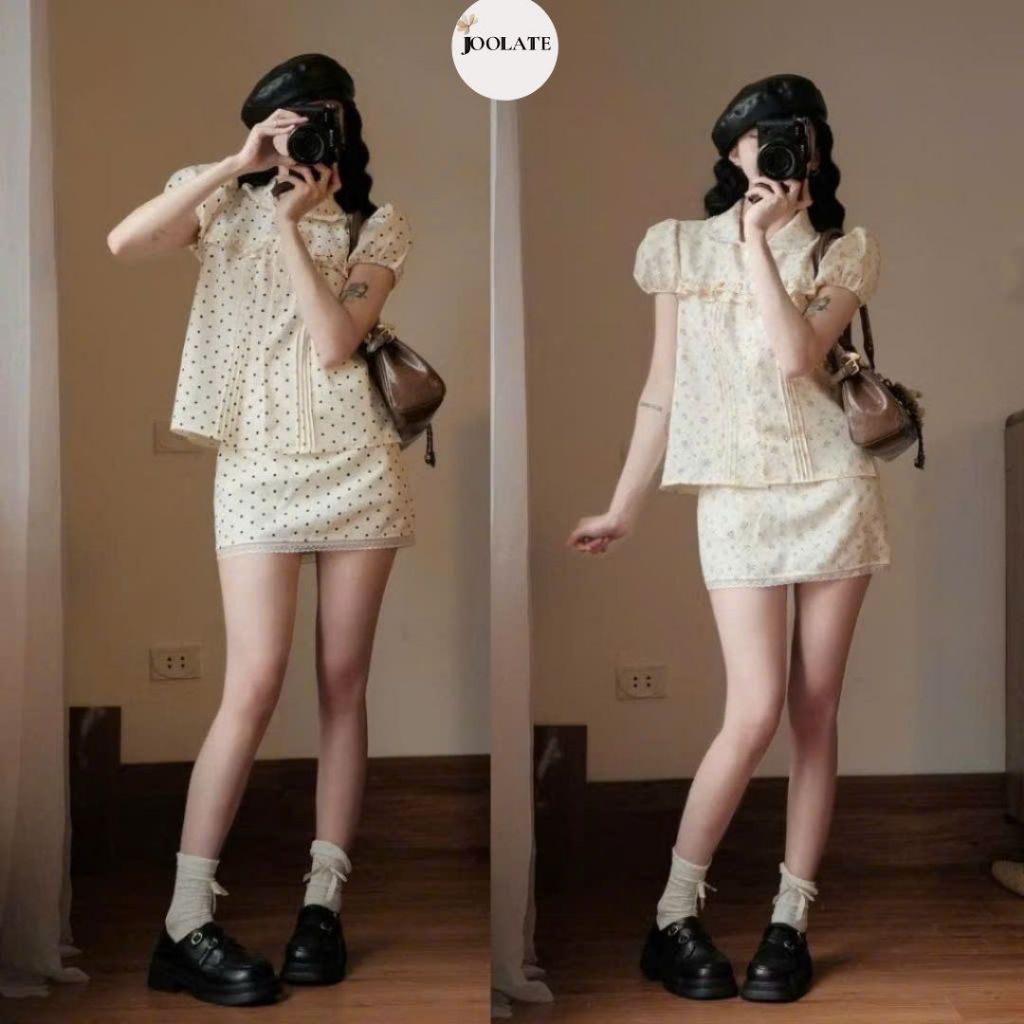 Set Áo Sơ Mi Cổ Sen + Chân Váy Ngắn Vintage Nữ Họa Tiết Chấm Bi  Hoa Nhí Phong Cách Hàn Quốc Dễ Thương Joolate