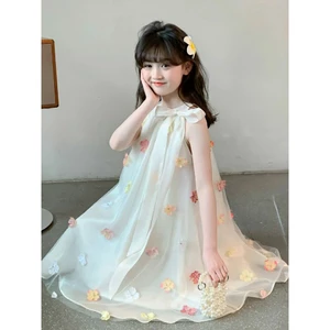 Váy voan bé gái đính hoa nổi 3D dáng xòe nhẹ phong cách tiểu thư Hàn Quốc,mẹ và bé